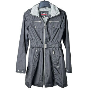 Miss Sixty Size XS Trench Coat Black Hood Jersey Lined Jacket Streetwear Y2K